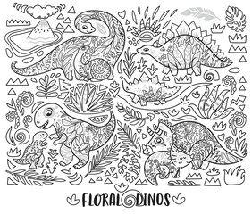 Line print with mom and baby dinosaurs and tropical plants. Vector illustration
