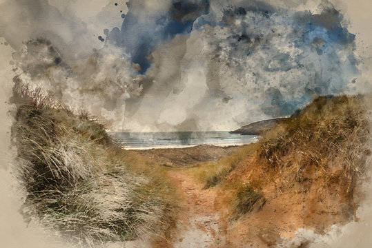 Watercolour painting of Beautiful landscape image of Freshwater West beach with sand dunes on Pembrokeshire Coast in Wales