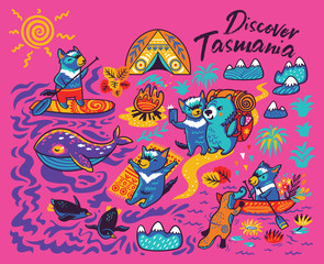 Cartoon print with cute Tasmanian devil and other australian animals in cartoon style. Vector illustration