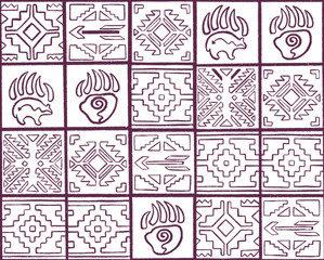 Outline spiritual seamless pattern with arrows, animal tracks and geometric elements in tribal style