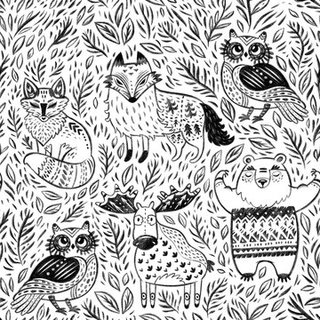 Seamless pattern with tribal forest animals in pencil and charcoal on paper