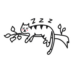 Cat sleep on tree. Hand drawn icon. Vector illustration for greeting card, textile t shirt, print, kids nursery, stickers, posters design.
