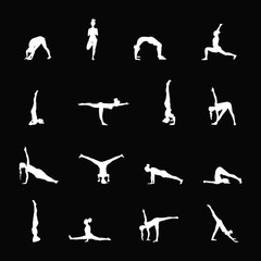 yoga poses set. white silhouette on black background. vector illustration