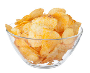 Potato chips on bowl isolated on white background