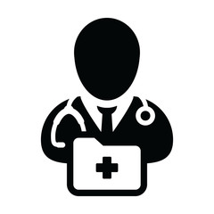 First aid icon vector male doctor person profile avatar with stethoscope and medical report folder for medical consultation in Glyph pictogram illustration