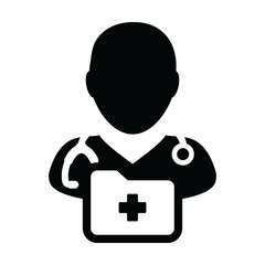 Health icon vector male doctor person profile avatar with stethoscope and medical report folder for medical consultation in Glyph pictogram illustration