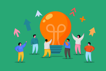 Fototapeta premium Flat People with Big Light Bulb Idea. Innovation, Brainstorming, Creativity Concept. Characters Working Together on new Project. New idea or Startup.