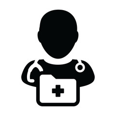 Medical icon vector male doctor person profile avatar with stethoscope and medical report folder for health Consultation in Glyph pictogram illustration
