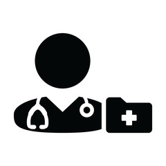 Doctor icon vector male person profile avatar with stethoscope and medical report folder for medical consultation in Glyph pictogram illustration