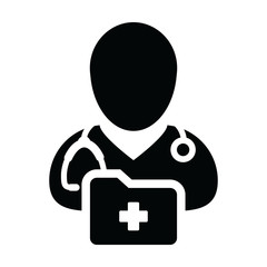 Doctor icon vector male person profile avatar with stethoscope and medical report folder for medical consultation in Glyph pictogram illustration