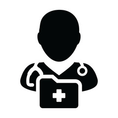 Doctor icon vector male person profile avatar with stethoscope and medical report folder for medical consultation in Glyph pictogram illustration