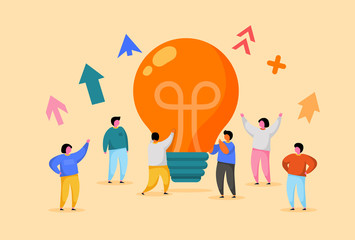 Flat People with Big Light Bulb Idea. Innovation, Brainstorming, Creativity Concept. Characters Working Together on new Project. New idea or Startup.