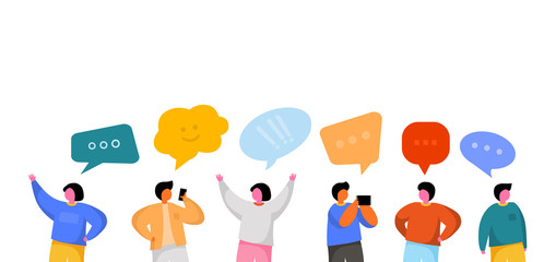 Social Network Template. Group of Young People Characters Chatting and speaking. Virtual Communication Concept.