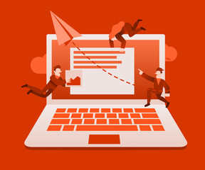 Group of small people doin UI and UX design or online chat application. Can be use for presentation, web, banner, landing page template.