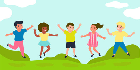 Obraz na płótnie Canvas Joyful children jump together on summer sunny meadow. Multi-colored children's casual wear. Happy childhood of boys and girls different nations. Vector illustration