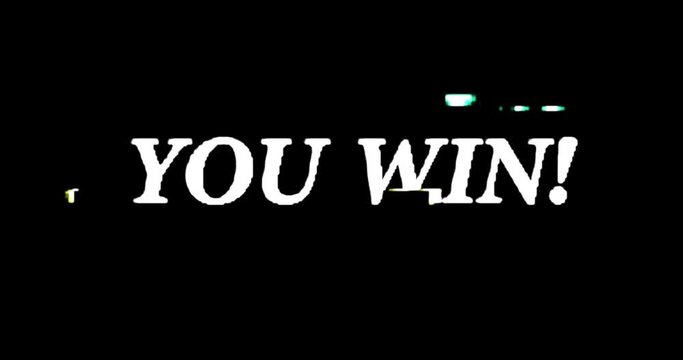 Retro videogame you win text words on old tv glitch interference screen.. New quality universal vintage motion dynamic animated background colorful joyful cool video footage