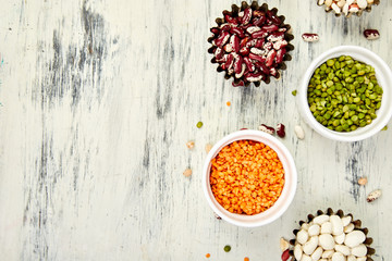 Collection set of beans and legumes. Bowls of various lentils