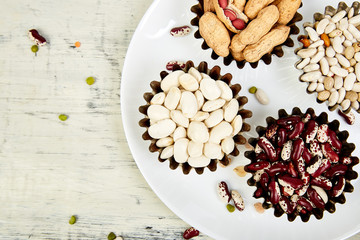 Bowls of various Collection set of beans and legumes.