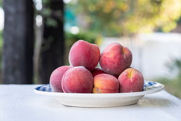 white plate with many freshly picked plums in the foreground