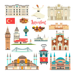 Istanbul City colorful vector collection. Istanbul building and landmarks. Mosque, Temple cartoon style. Bridge and Palace icon. Turkish tram and dancer