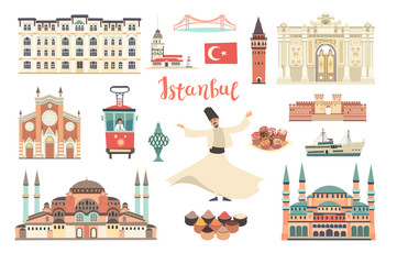 Istanbul City colorful vector collection. Istanbul building and landmarks. Mosque, Temple cartoon style. Bridge and Palace icon. Turkish tram and dancer