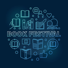 Fototapeta na wymiar Book Festival concept blue round linear vector illustration on dark background