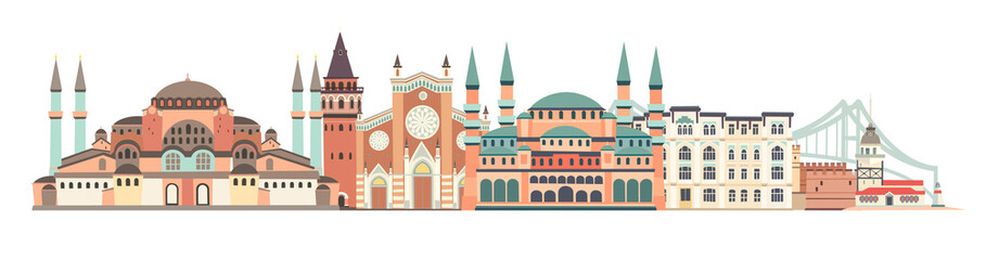Istanbul City colorful skyline vector illustration. Panoramic of Istanbul, famous building. Palace and bridge landmarks. Historic abstract icon