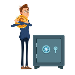 businessman hugging a big coin