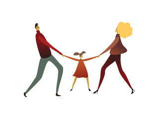 Naklejka na ściany i meble Man and a woman are pulling a child in different directions. Vector illustration on white background.
