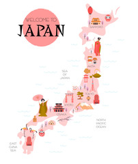 Illustrated map of Japan with traditional elements and landmarks. Welcome to Japan design template poster. Editable vectir illustration