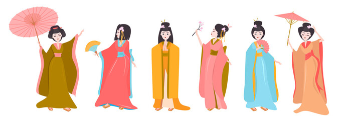 Fototapeta na wymiar Collection of Japanese characters design geisha. Asian culture. Editable vector illustration