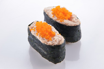 japanese food. sushi with seafood on white background