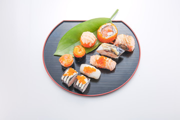 japanese food. sushi with seafood on white background