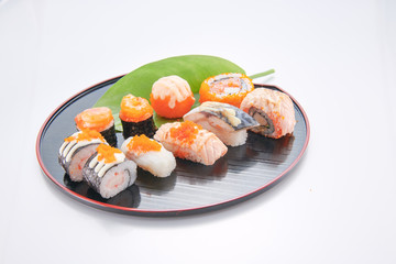 japanese food. sushi with seafood on white background