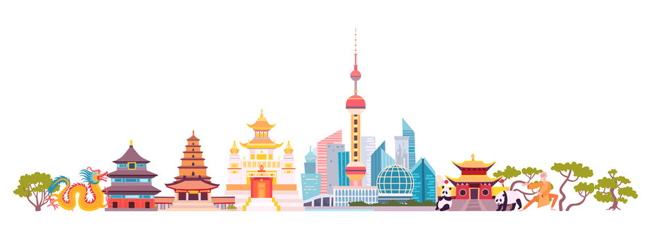 China skyline colorful background. Famous China building. China hand drawn vector illustration. Chinese travel landmarks/attraction. Vector illustration isolated on white background
