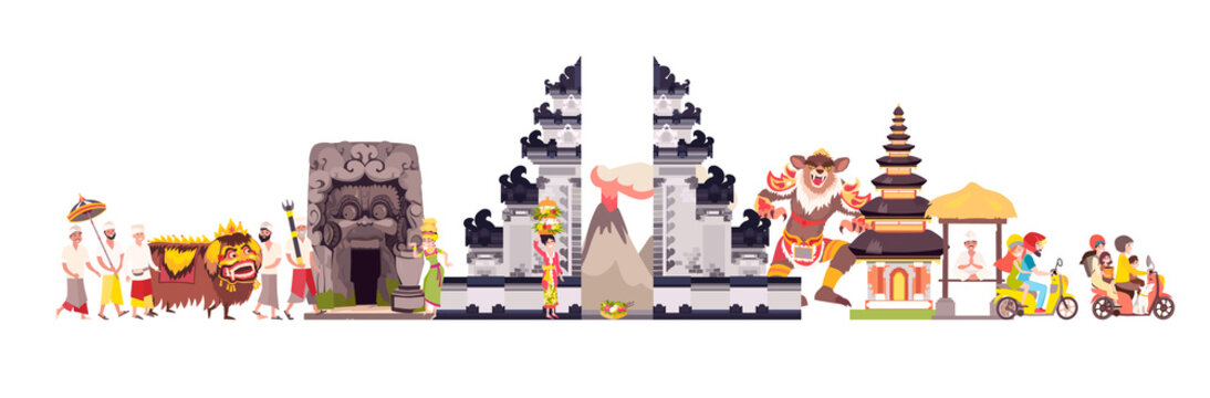 Bali skyline colorful background. Famous Balinese building. Bali hand drawn vector illustration. Balinese travel landmarks/attraction. Vector illustration isolated on white background