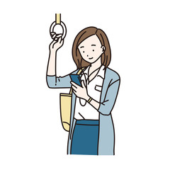 電車でスマホで音声を聴く女性