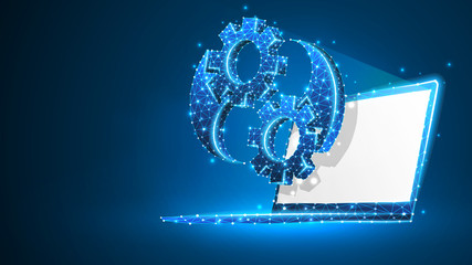 Gears Yin Yan symbol on white laptop screen. Industry balance, business solution, settings concept. Abstract, digital, wireframe, low poly mesh, Raster blue neon 3d illustration. Triangle, line, dot