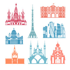 Russia icons vector set. Travel and tourism background. Russian architecture. Vector illustration Russia skyline vector. landmark Kremlin palace, TV tower and St. Isaac's Cathedral illustration