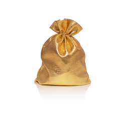 Gold gift bag isolated on white background.