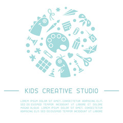 Concept of kids creative studio placard with sample text and icons of things for creative activity