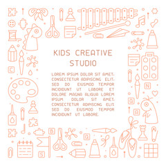 Concept of creative studio card with things for creative activity and sample text