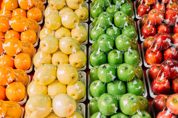 colorful fruits display in supermarket