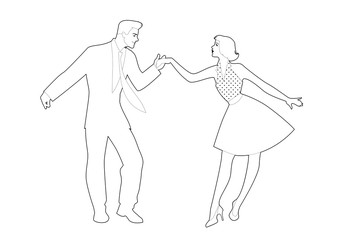 Beautiful girl and handsome man dancing rock, rockabilly, swing or lindy hop. Outlines vector illustration.