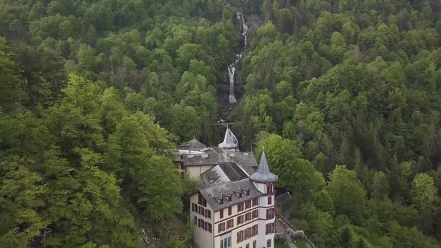 Aerial footage from the Giessbachfalls in the Bernese Oberland in Switzerland