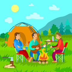 Obraz na płótnie Canvas Traveling or camping, campfire and tent, friends with guitar vector. Lunch and firewood with ax, meadow and mountains, tea and marshmallow, wild nature. Peoples on camping in flat style