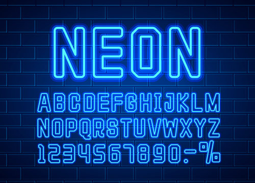 Neon city color blue font. English alphabet sign.