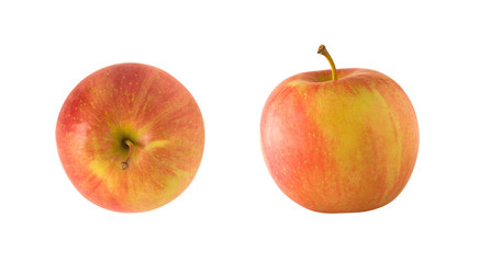Top and side views of whole red and yellow apple fruit isolated on white background