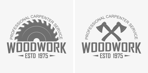Logo advertising professional carpentry service. Ax, saw and text in black