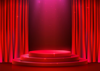 Abstract round podium illuminated with spotlight and curtain. Award ceremony concept. Stage backdrop.